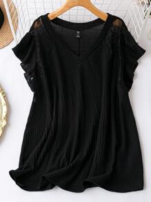 SHEIN LUNE 大碼蕾絲拼接蝴蝶袖華夫格編織T恤 - 黑色 - 查看 1