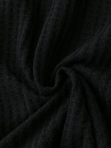 SHEIN LUNE 大碼蕾絲拼接蝴蝶袖華夫格編織T恤 - 黑色 - 查看 4