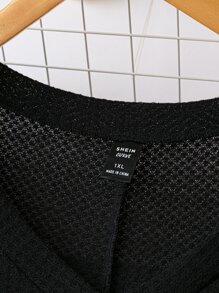 SHEIN LUNE 大碼蕾絲拼接蝴蝶袖華夫格編織T恤 - 黑色 - 查看 6