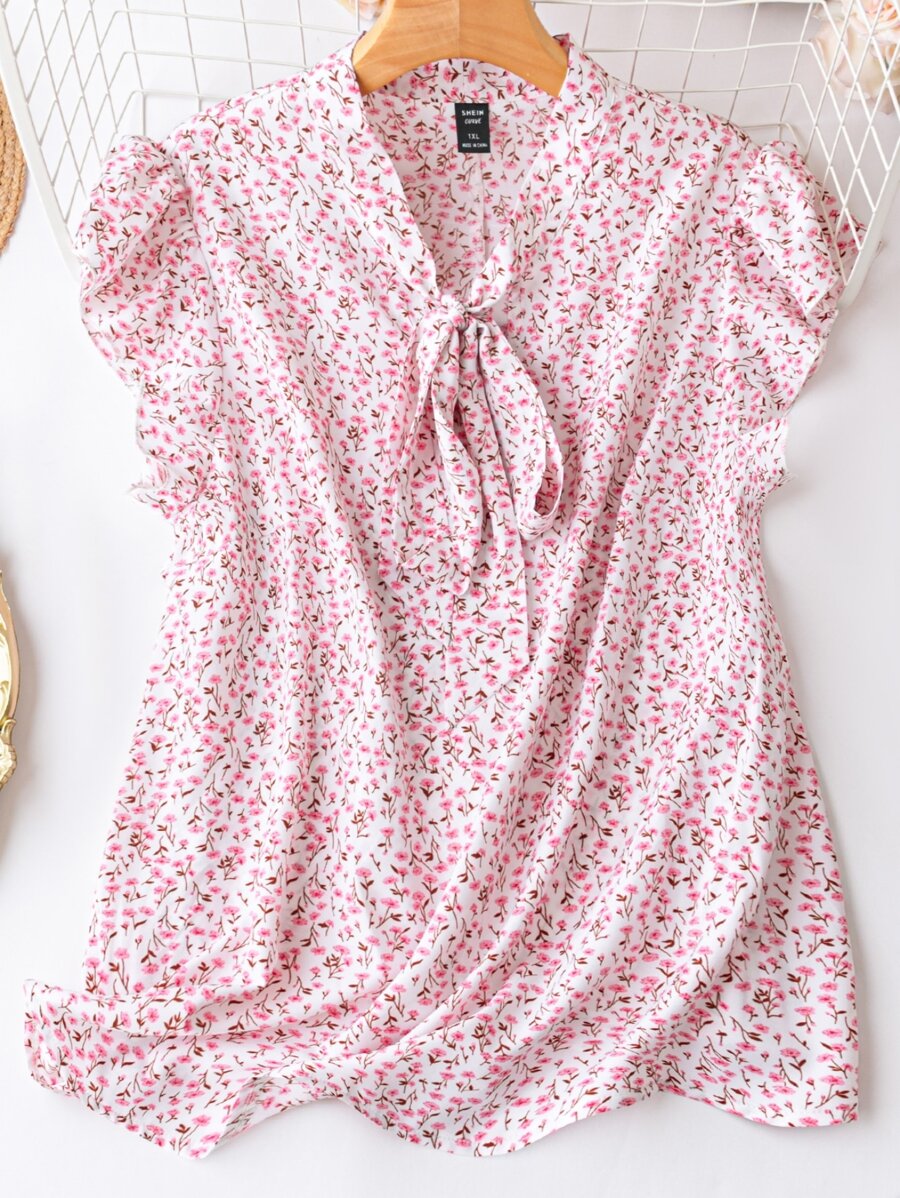 SHEIN Holidaya Blusa floral de cuello con cordón ribete con fruncido - Multicolor - Ver 1