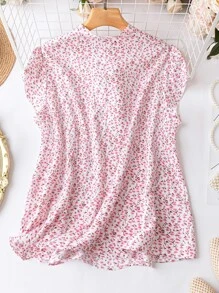 SHEIN Holidaya Blusa floral de cuello con cordón ribete con fruncido - Multicolor - Ver 2