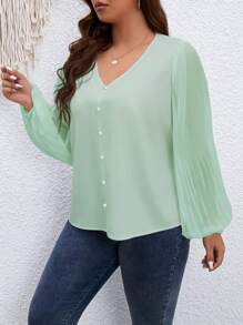 SHEIN Clasi 大碼燈籠袖前紐扣襯衫 - 薄荷綠 - 查看 6