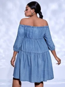 Plus Off Shoulder Ruffle Hem Smock Denim Dress - Medium Wash - View 2