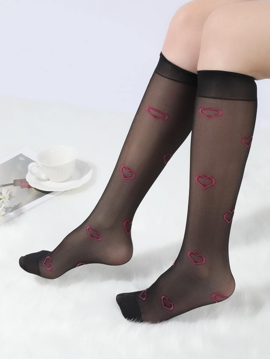 愛心圖案中筒襪 - 彩色 - 查看 1