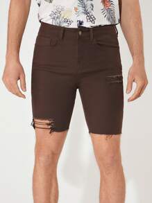 Manfinity Men Ripped Frayed Raw Hem Denim Shorts - Chocolate Brown - View 1