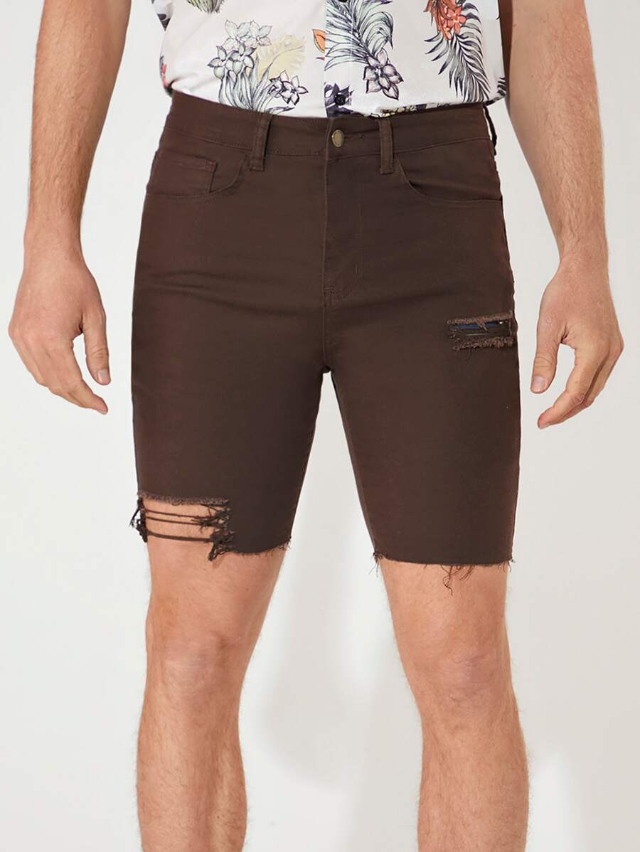 Manfinity Men Ripped Frayed Raw Hem Denim Shorts - Chocolate Brown - View 1