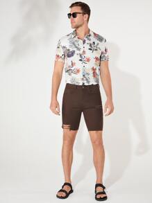 Manfinity Men Ripped Frayed Raw Hem Denim Shorts - Chocolate Brown - View 7