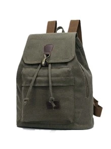 Letter Graphic Drawstring Design Flap Backpack - Dark Green - View 1