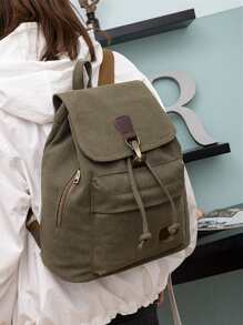 Letter Graphic Drawstring Design Flap Backpack - Dark Green - View 2
