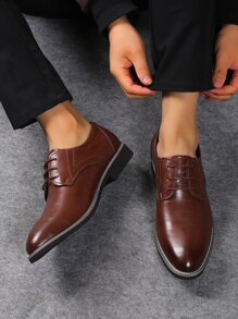 Men's Dress Shoes Pointed Toe Low-Cut Lace-Up Low Heel Leather Shoes, Business & Casual