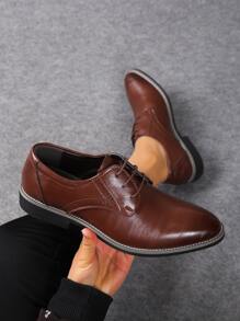 Men's Dress Shoes Pointed Toe Low-Cut Lace-Up Low Heel Leather Shoes, Business & Casual