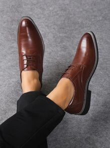 Men's Dress Shoes Pointed Toe Low-Cut Lace-Up Low Heel Leather Shoes, Business & Casual