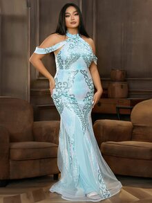 seomiscky 大碼挖肩亮片魚尾裙下擺正式洋裝 - 淺藍色 - 查看 3