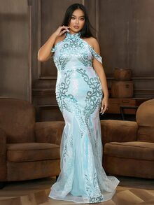 seomiscky 大碼挖肩亮片魚尾裙下擺正式洋裝 - 淺藍色 - 查看 7