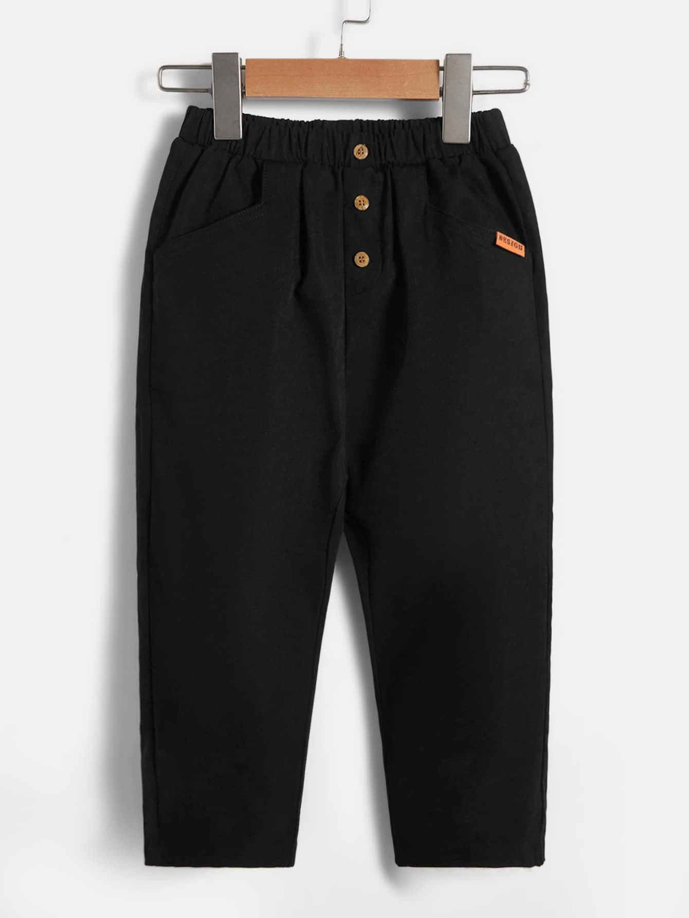 SHEIN Toddler Boys Button Front Letter Patched Detail Trousers - Black - View 1