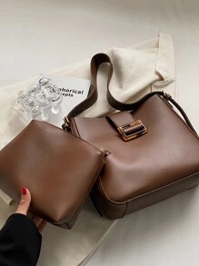 Minimalistisch Schultertasche mit Schnalle Dekor - Braun - Übersicht 6