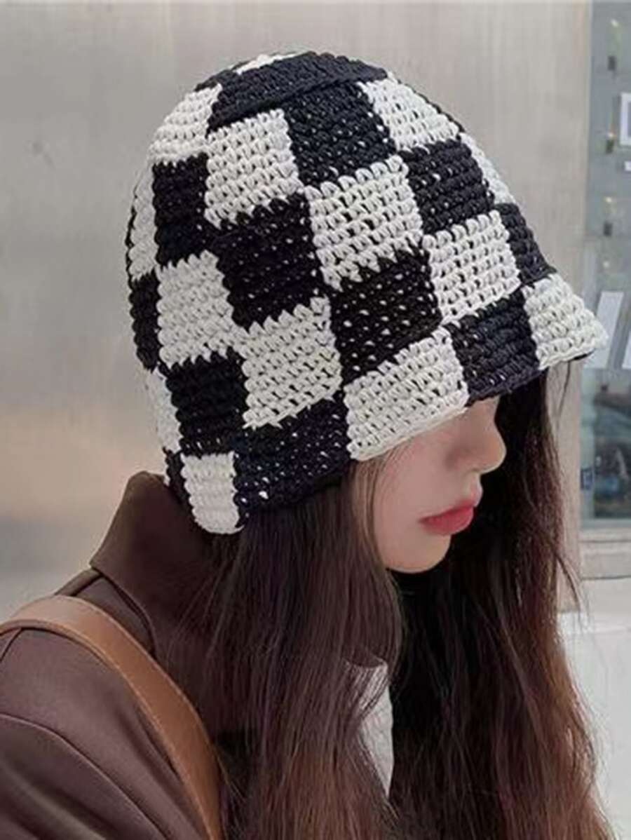Checkered Pattern Bucket Hat - Black - View 1