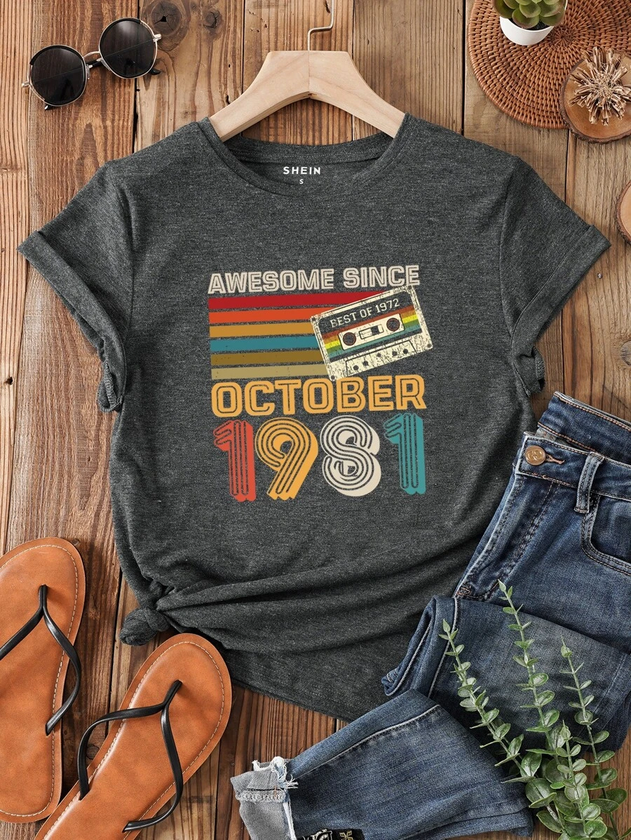 SHEIN LUNE 錄音帶和字母圖案T恤 - 深灰色 - 查看 1