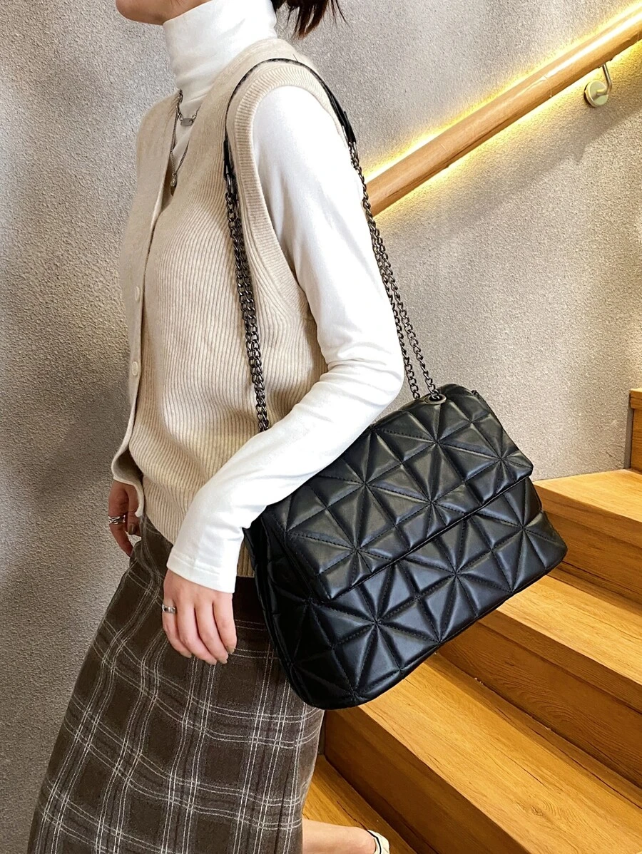 Minimalist Quilted Flap Square Bag - Black - View 1
