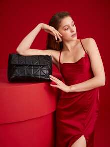 Minimalist Quilted Flap Square Bag - Black - View 2