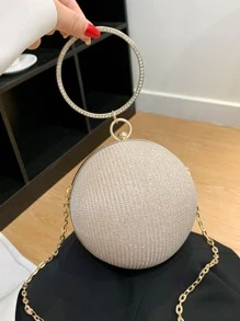 Glitter Bling,Shiny Glamorous,Elegant,Exquisite Mini Rhinestone Decor Circle Bag, Perfect Bride Purse For Wedding, Prom & Party Events Dinner Bag,Evening Bag For Party Girl,Woman,For Female Perfect for Party,Wedding,Prom,Dinner/Banquet,For Cocktail Best gift for women - Khaki - View 2
