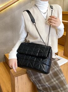 Minimalist Quilted Flap Square Bag - Black - View 7