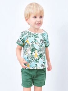 Young Boys' Hawaiian Style Print Short Sleeve T-Shirt And Shorts Set For Summer