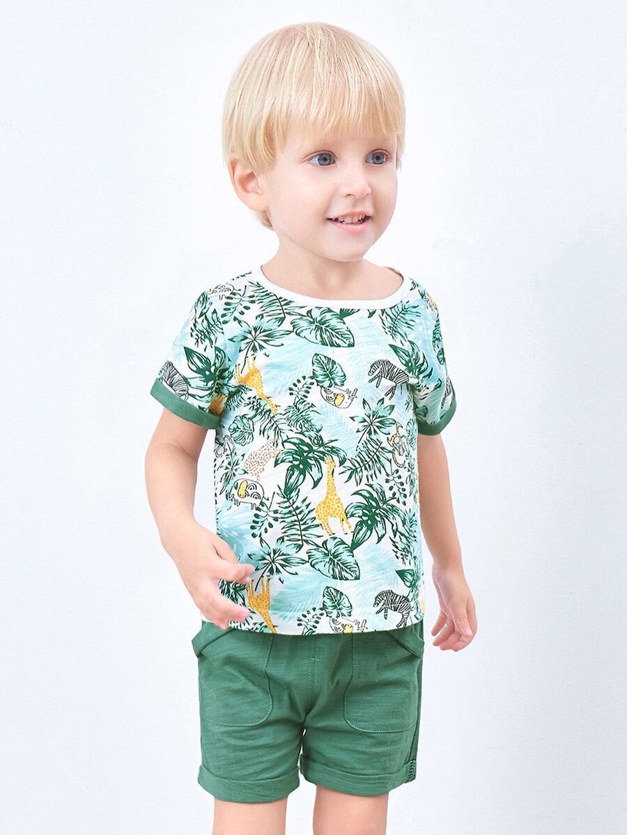 Young Boys' Hawaiian Style Print Short Sleeve T-Shirt And Shorts Set For Summer