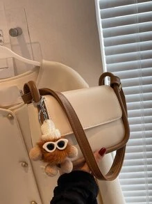 迷你撞色滾邊翻蓋方包附包飾 - 米色 - 查看 4