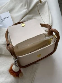 迷你撞色滾邊翻蓋方包附包飾 - 米色 - 查看 5