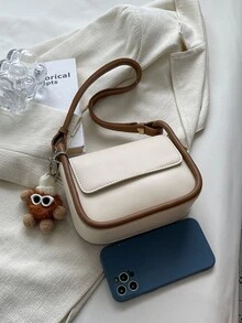 迷你撞色滾邊翻蓋方包附包飾 - 米色 - 查看 7