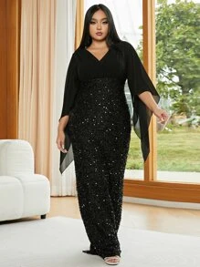 Vestido de vestir con lentejuela en contraste bajo sirena - Negro - Ver 4