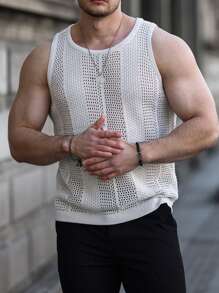 Manfinity Men Solid Pointelle Knit Top - Beige - View 4