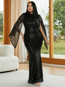 seomiscky Plus Split Sleeve Mermaid Hem Sequin Formal Dress - Black - View 3