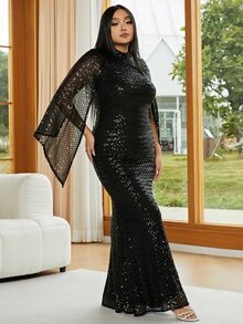 seomiscky Plus Split Sleeve Mermaid Hem Sequin Formal Dress - Black - View 5