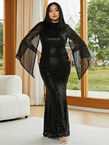 seomiscky Plus Split Sleeve Mermaid Hem Sequin Formal Dress - Black - View 7
