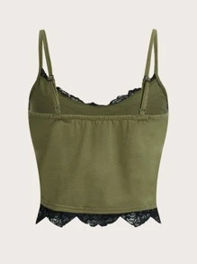 ROMWE Goth 骷髅頭圖案蕾絲拼接吊帶上衣 - 軍綠色 - 查看 4