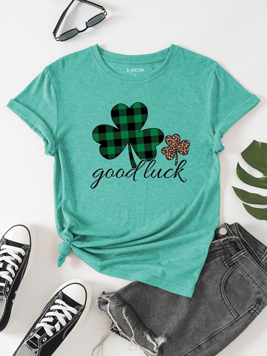 SHEIN LUNE Clover And Letter Graphic Tee - Green - View 1