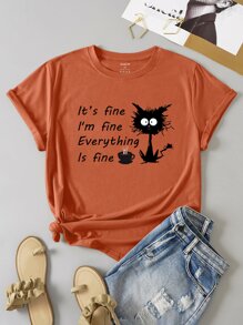 SHEIN LUNE Camiseta con estampado de dibujos animados y slogan - Naranja Quemada - Ver 1