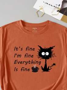 SHEIN LUNE Camiseta con estampado de dibujos animados y slogan - Naranja Quemada - Ver 3