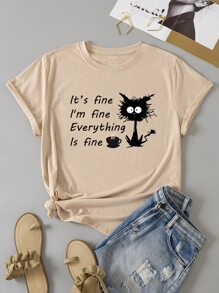SHEIN LUNE Plus Cartoon And Slogan Graphic Tee - Khaki - View 1
