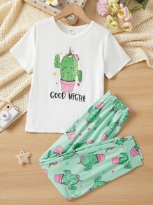 Girls Cactus & Letter Graphic Tee & Trousers PJ Set - Multicolor - View 1