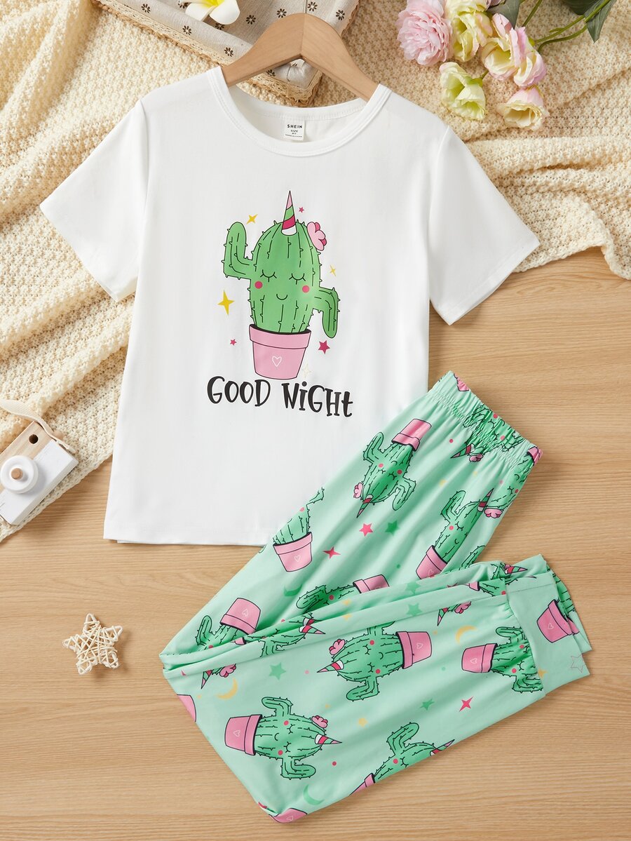 Girls Cactus & Letter Graphic Tee & Trousers PJ Set - Multicolor - View 1