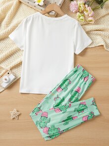 Girls Cactus & Letter Graphic Tee & Trousers PJ Set - Multicolor - View 2