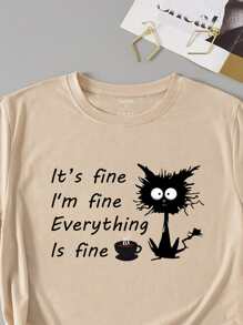 SHEIN LUNE Plus Cartoon And Slogan Graphic Tee - Khaki - View 3