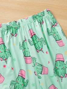 Girls Cactus & Letter Graphic Tee & Trousers PJ Set - Multicolor - View 6