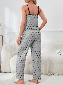 Star Print Contrast Binding Cami Top & Pants Lounge Set - Light Grey - View 2