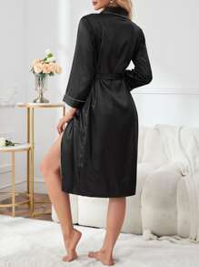 Bata ribete en contraste con cinturón de satén - Negro - Ver 2