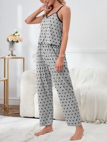 Star Print Contrast Binding Cami Top & Pants Lounge Set - Light Grey - View 4