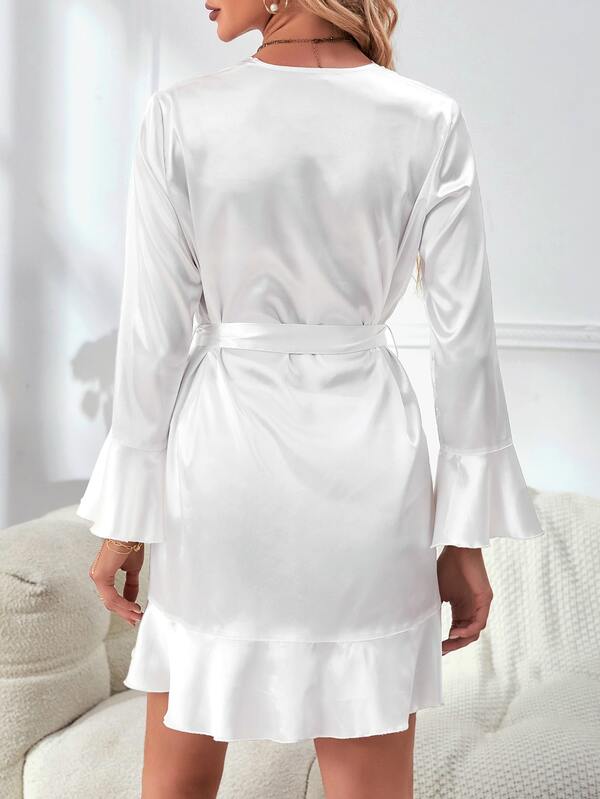 Lace Trim Flounce Sleeve Ruffle Hem Belted Satin Robe | SHEIN USA